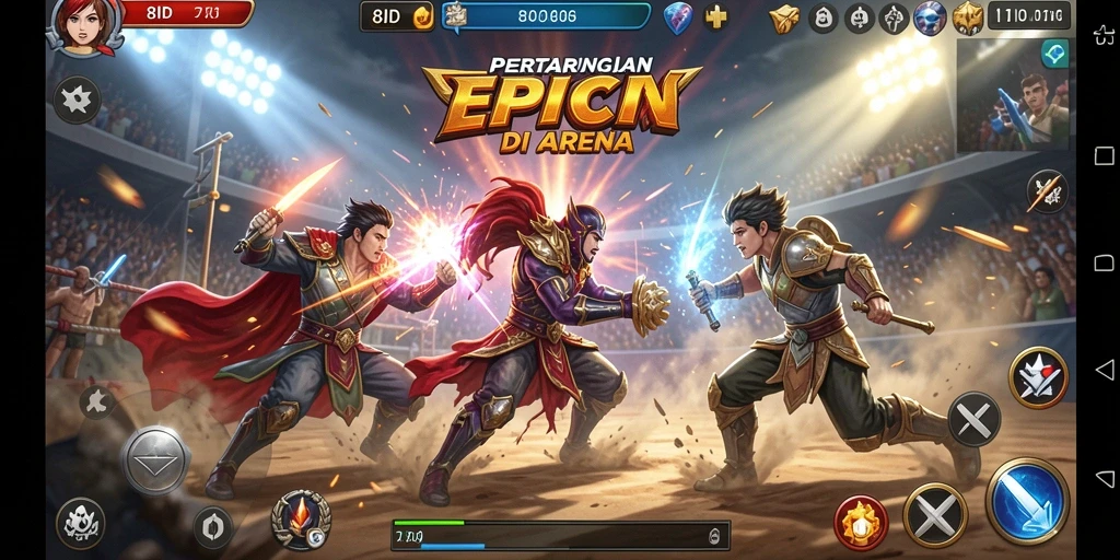 Screenshot 8ID menampilkan karakter bertarung di arena yang menegangkan.