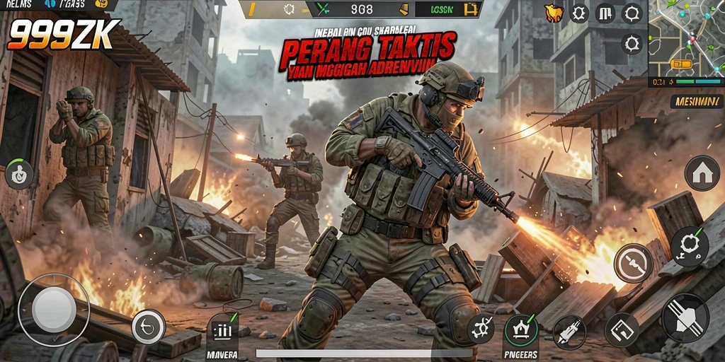Gameplay 999ZK menunjukkan aksi tembak-menembak yang intens.
