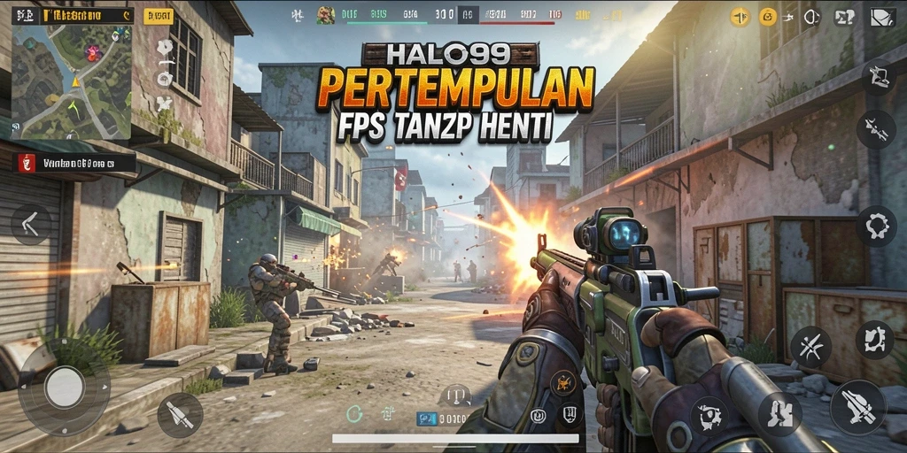 Screenshot dari gameplay Halo99 yang menampilkan aksi pertempuran FPS.