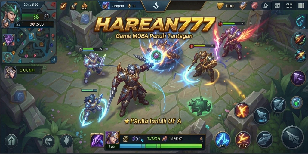 Tampilan seru gameplay HARAPAN777 dengan pertempuran antar karakter MOBA.