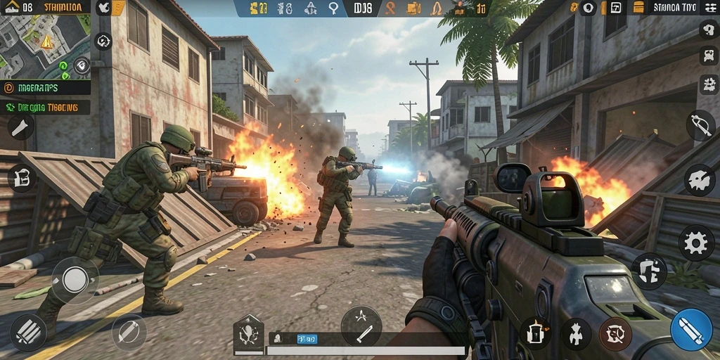 Screenshot ID098 menampilkan aksi seru pertempuran TPS yang intens.