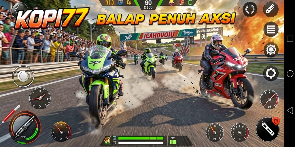 Screenshot gameplay KOPI77 menampilkan momen balapan yang mendebarkan.