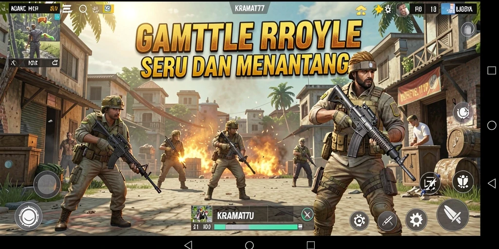 Screenshot gameplay KRAMAT77 menampilkan pertempuran intens di arena Battle Royale.