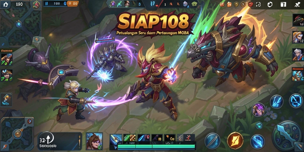 Screenshot menunjukkan pertempuran seru dalam game MOBA SIAP108.